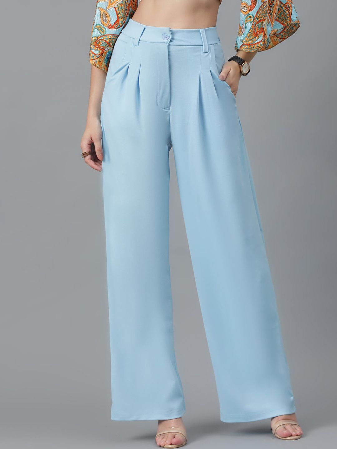KOTTY BIZwear Women Blue Relaxed Straight Leg High-Rise Easy Wash Parallel Trousers