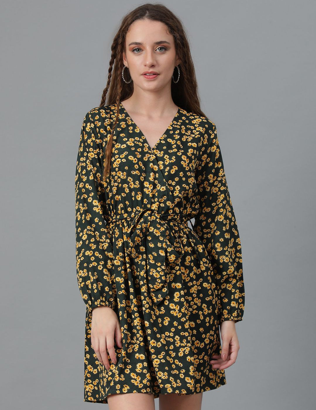 Kotty Yellow Floral Printed Puff Sleeves Fit & Flare Dress