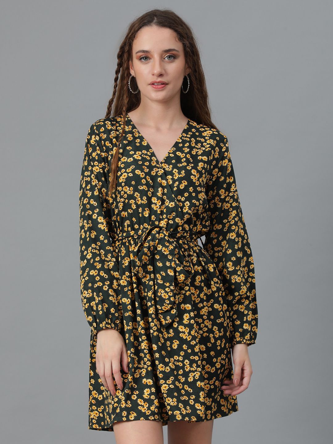 Kotty Yellow Floral Printed Puff Sleeves Fit & Flare Dress