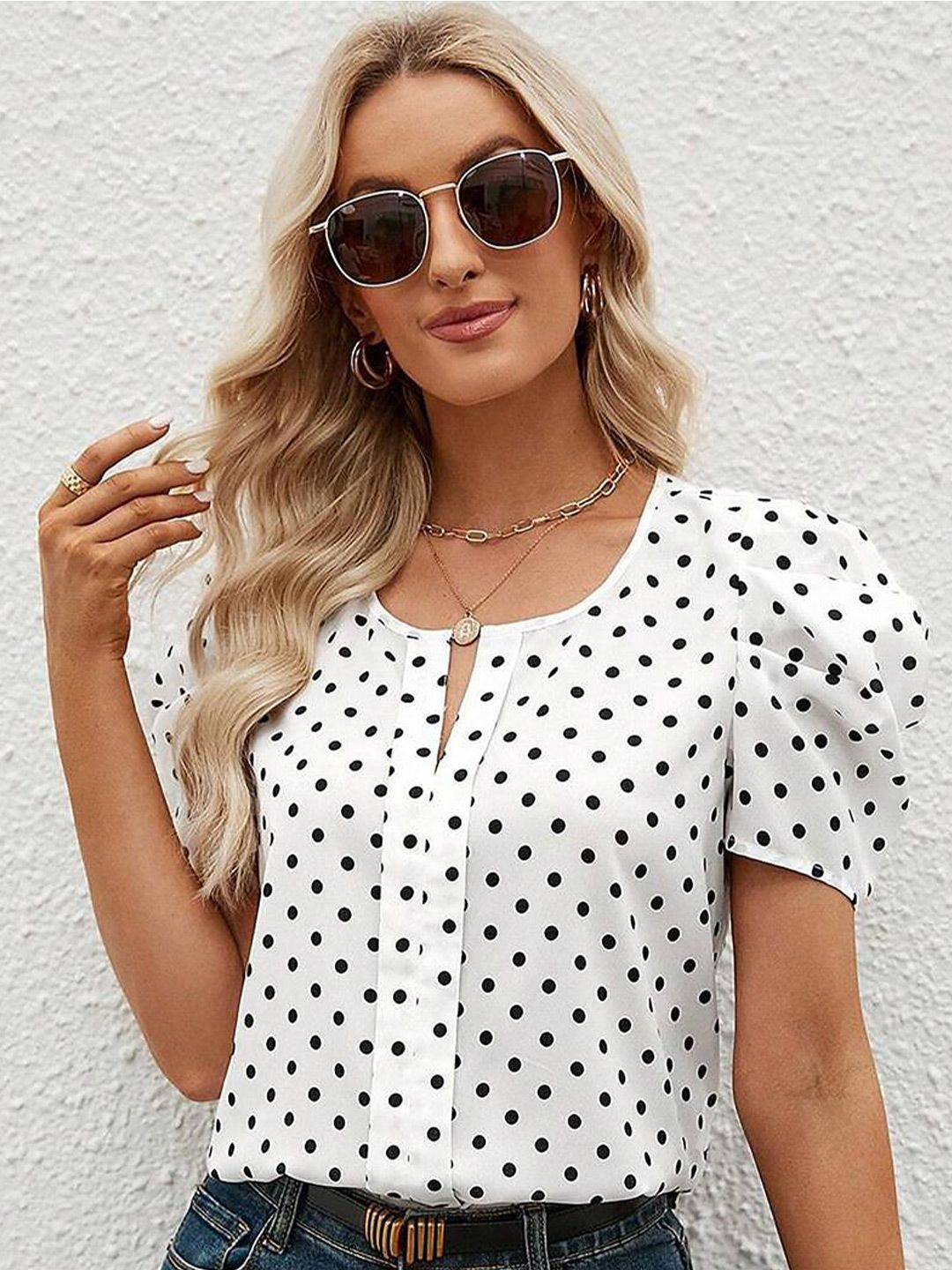 Kotty White & Black Polka Dot Printed Puff Sleeve Top