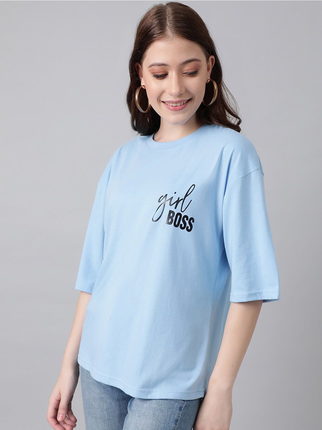 KOTTY Basics Typography Printed Round Neck Drop-Shoulder Sleeves Oversized T-shirt