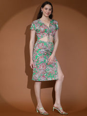 Kotty Green Floral Printed V-Neck Top & Skirt