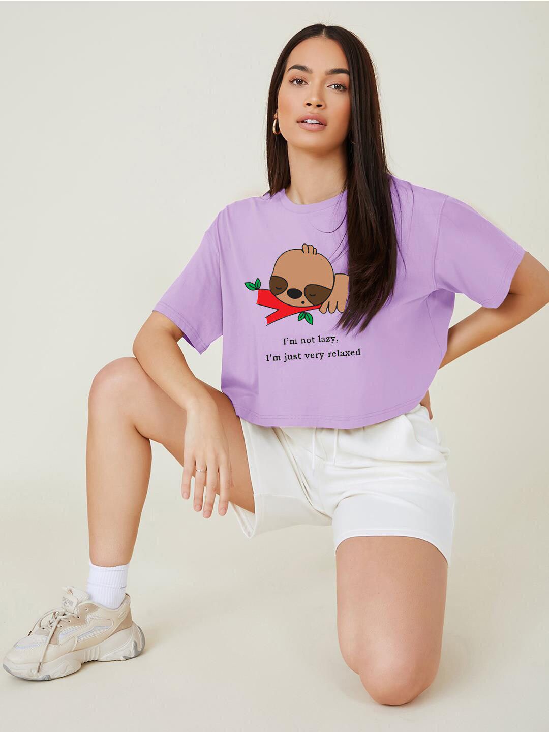 Kotty Printed Round Neck Crop Oversized T-shirt