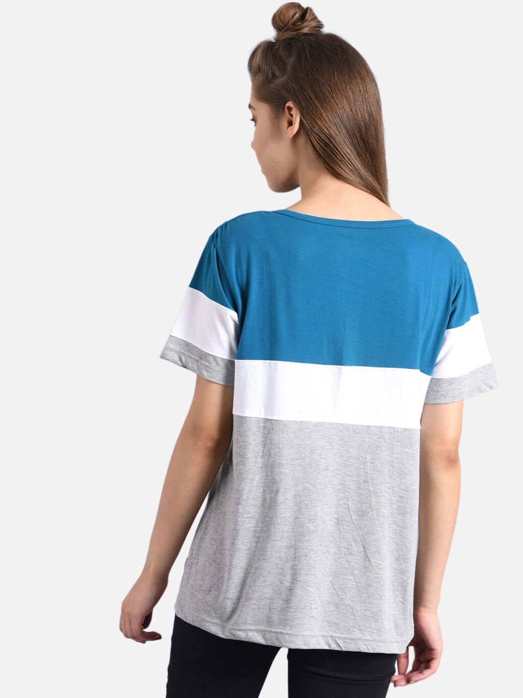 Kotty Women Blue & Grey Colourblocked Round Neck T-shirt