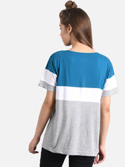 Kotty Women Blue & Grey Colourblocked Round Neck T-shirt