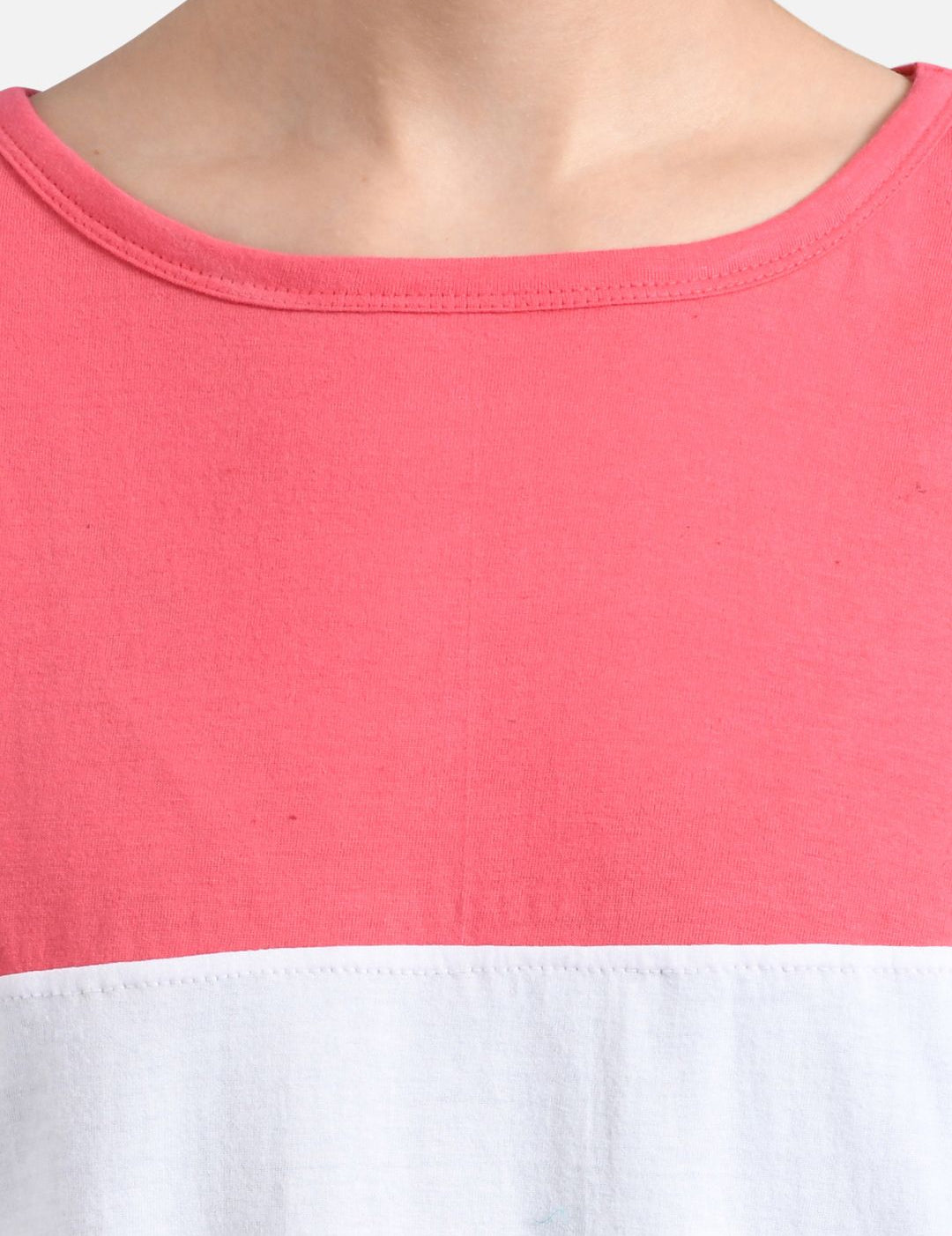 Kotty Women Teal Green & Peach-Coloured Colourblocked Round Neck T-shirt