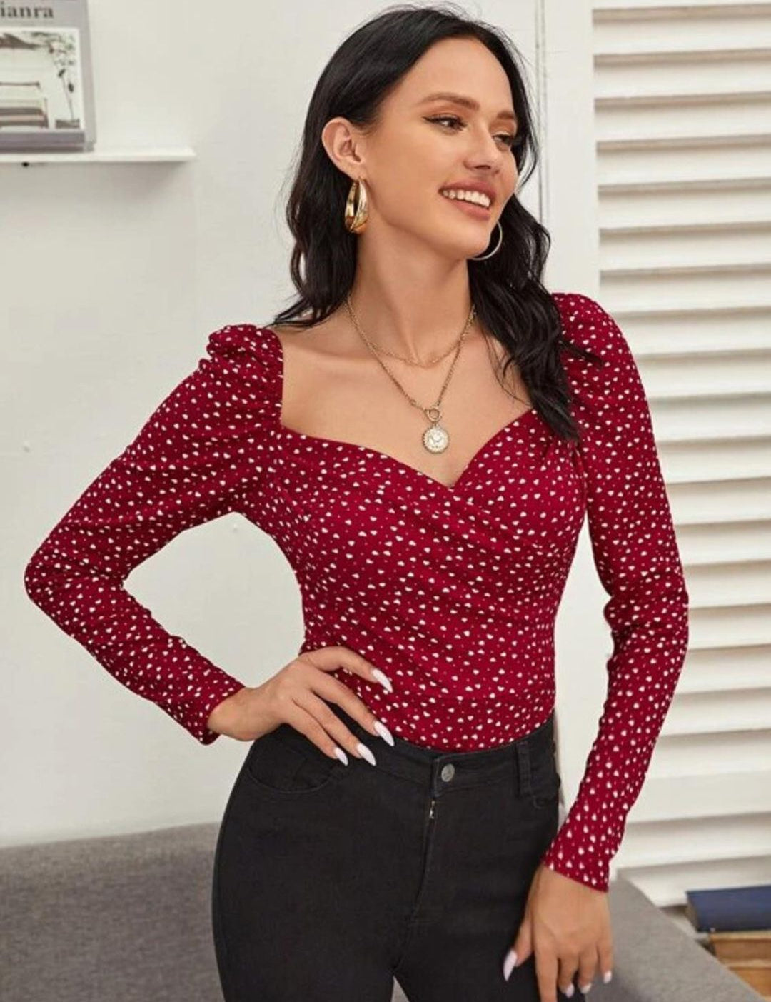 Kotty Maroon Polka Dot Printed Sweetheart Neck Puff Sleeve Crepe Top