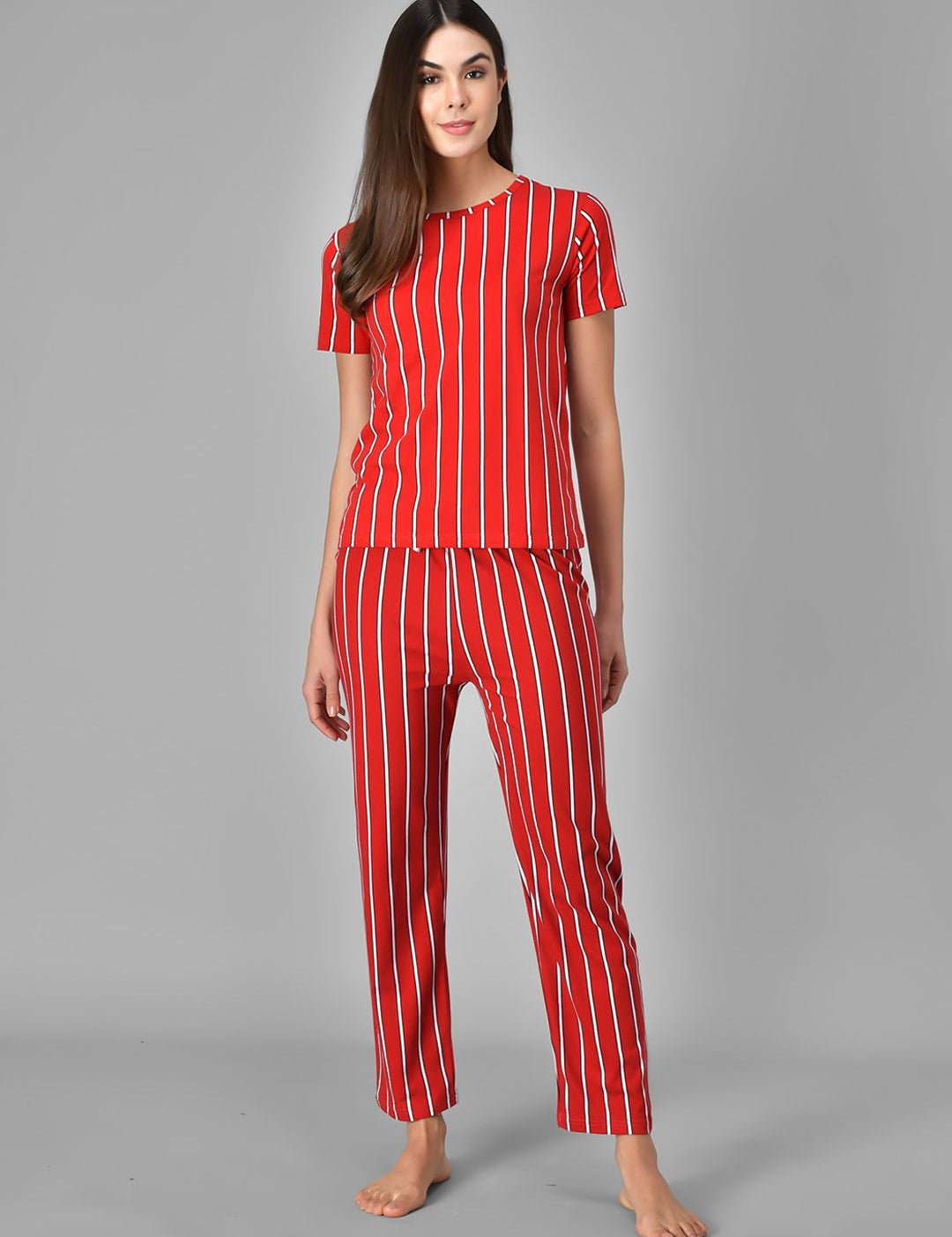 Kotty Women Red & White Striped Night Suit