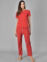 Kotty Women Red & White Striped Night Suit