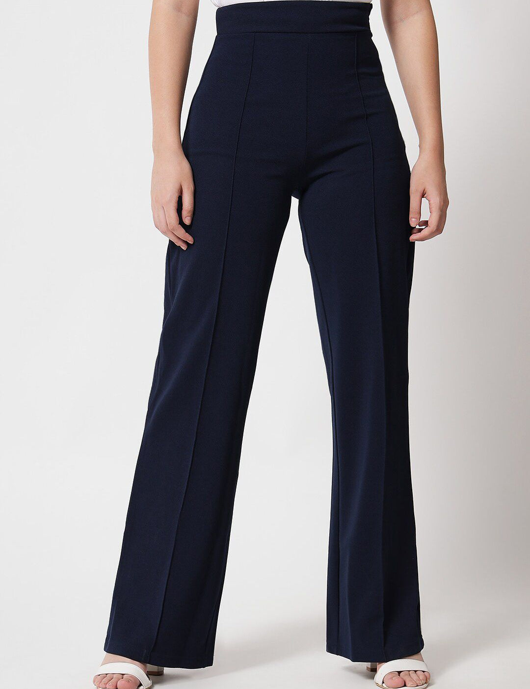 Kotty Women Navy Blue Relaxed Straight Fit High-Rise Easy Wash Trousers