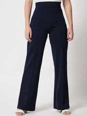 Kotty Women Navy Blue Relaxed Straight Fit High-Rise Easy Wash Trousers