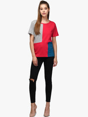 Kotty Women Red & Grey Colourblocked Round Neck T-shirt