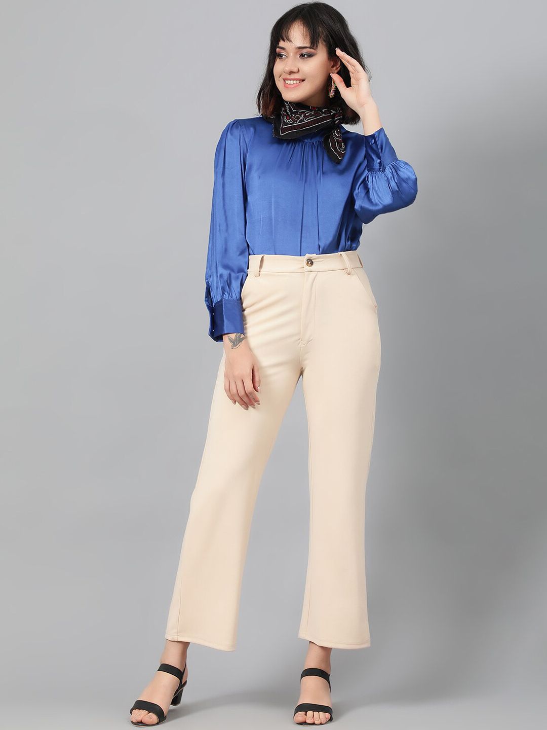 KOTTY BIZwear Women Beige Relaxed Straight Leg Fit High-Rise Easy Wash Trousers