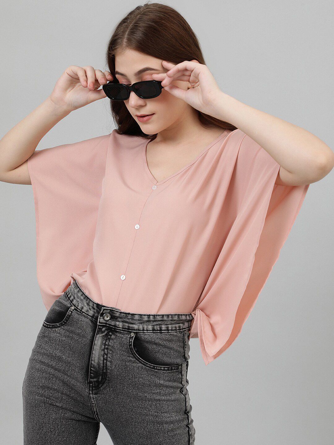 Kotty V-Neck Batwing Sleeves Solid Top