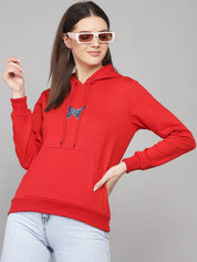 Kotty Women Red Printed Hooded Fleece Sweatshirt