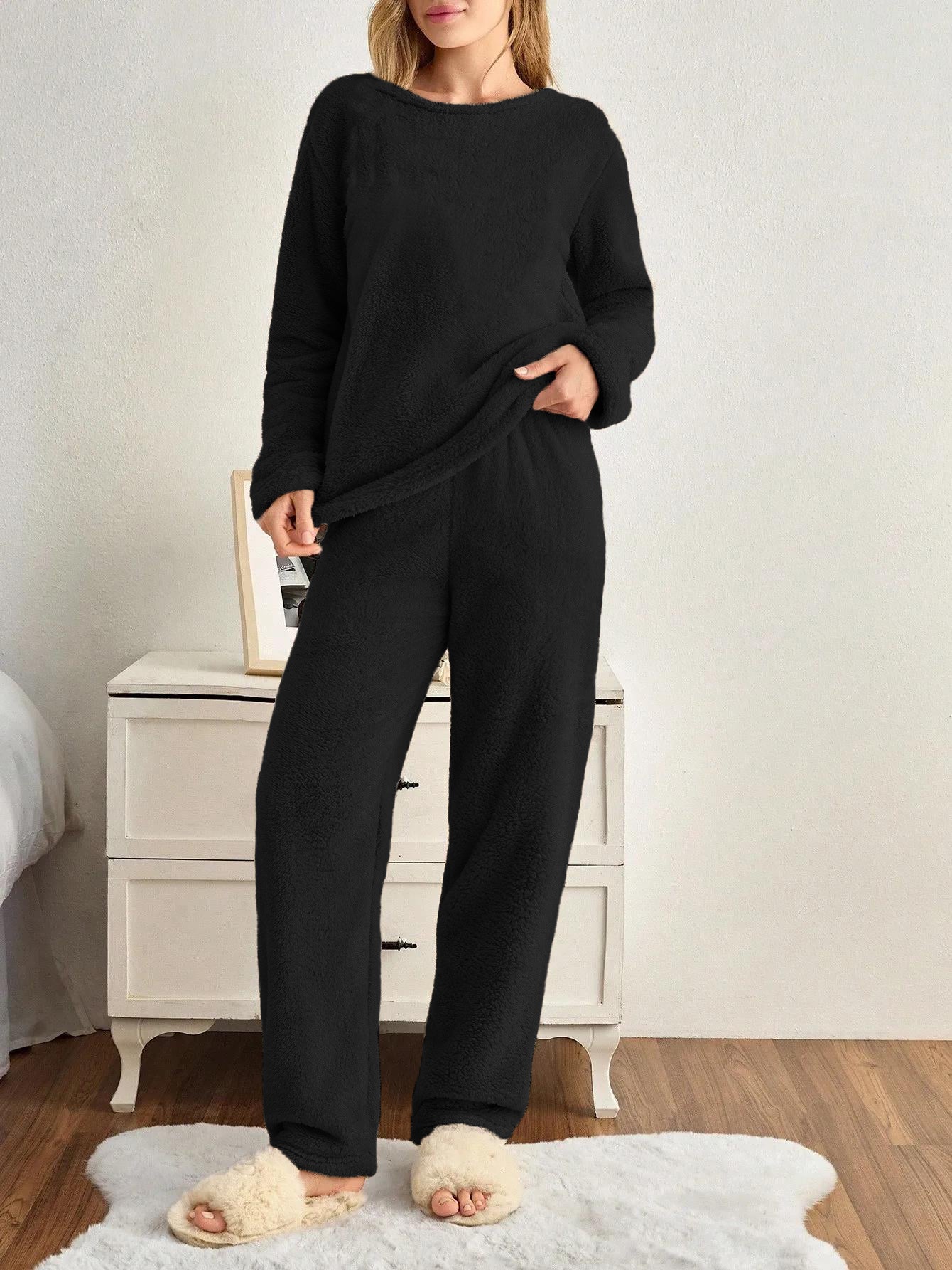KOTTY Women's Black Fleece Winter Casual Co Ord Set