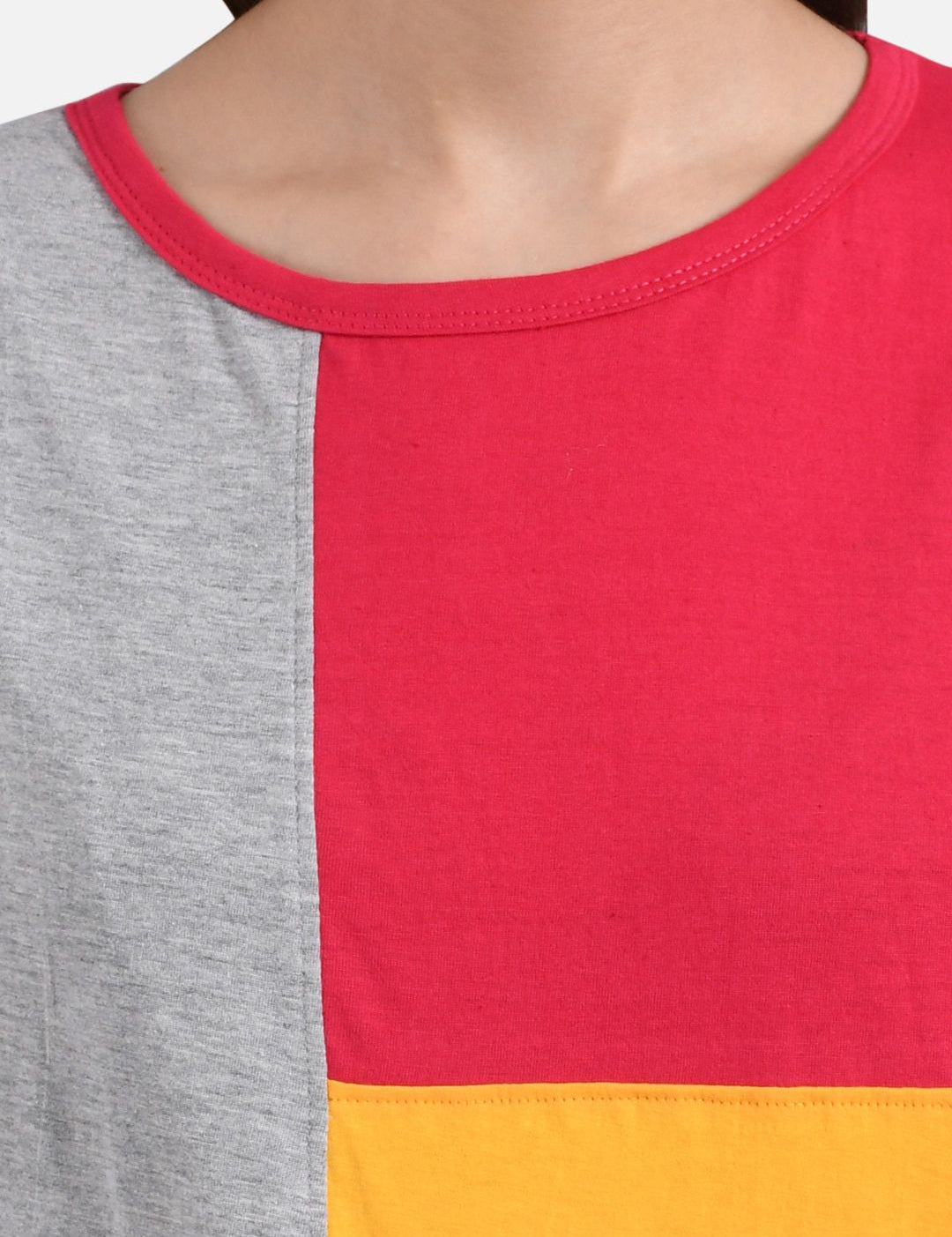 Kotty Women Red And Yellow Colourblocked Round Neck T-shirt
