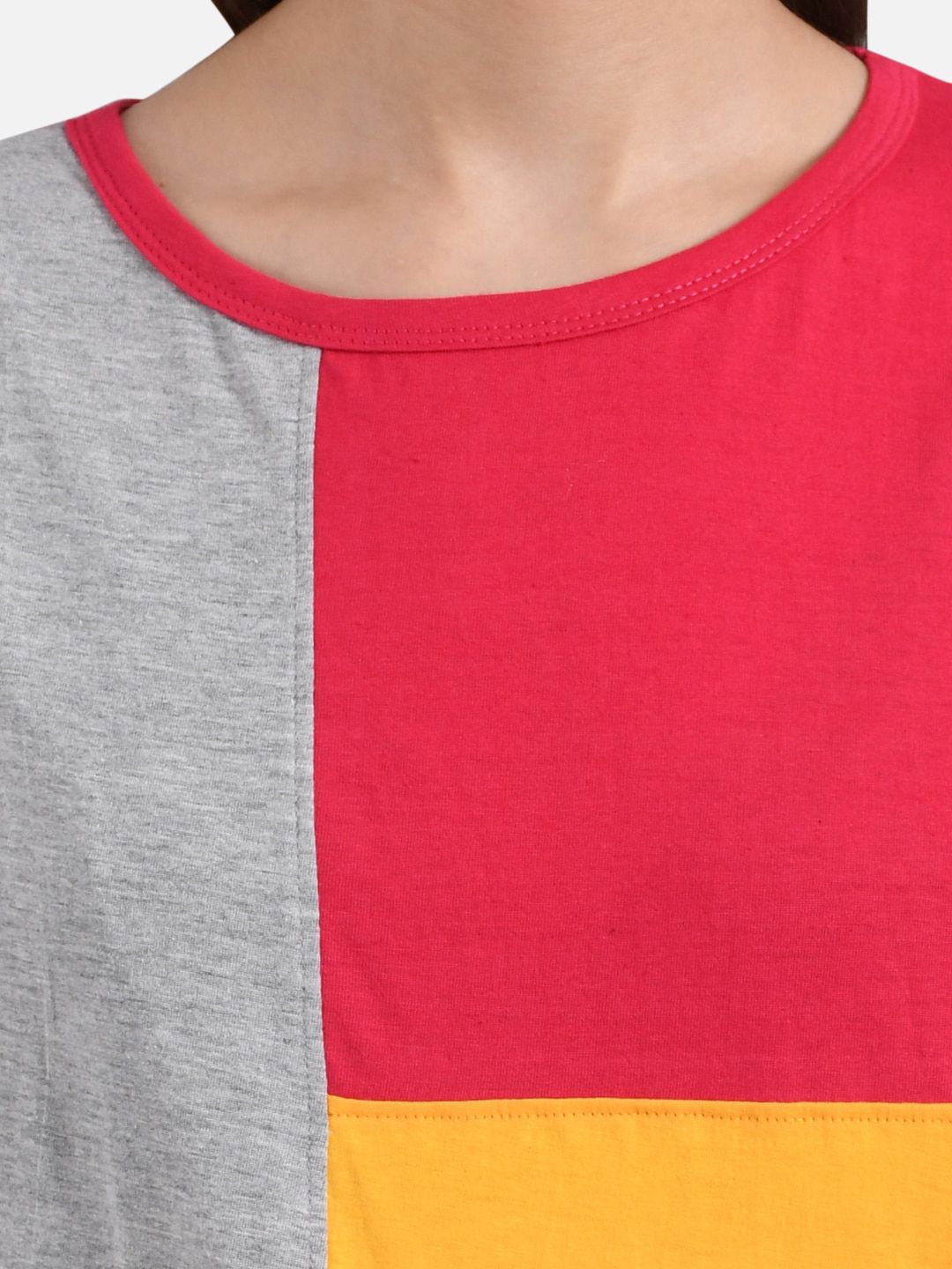 Kotty Women Red And Yellow Colourblocked Round Neck T-shirt