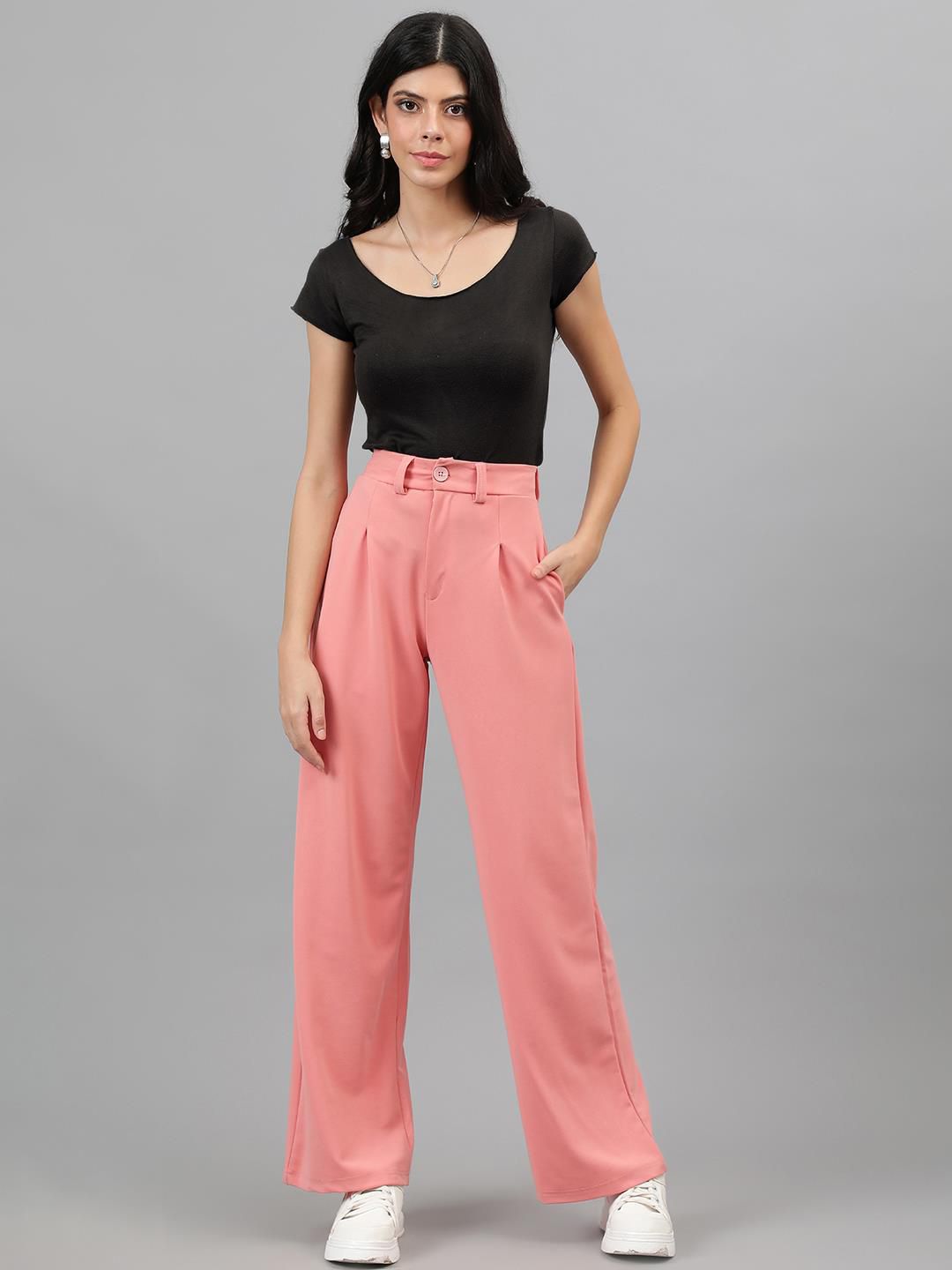 KOTTY BIZwear Women Baby Pink Relaxed Straight Leg High-Rise Easy Wash Pleated Trousers