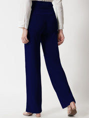 Kotty Women Navy Blue Relaxed Straight Fit High-Rise Easy Wash Trousers