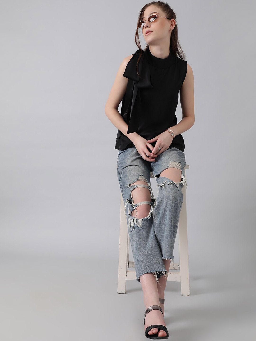 Kotty Black High Neck Sleeveless Tie-Ups Satin Top