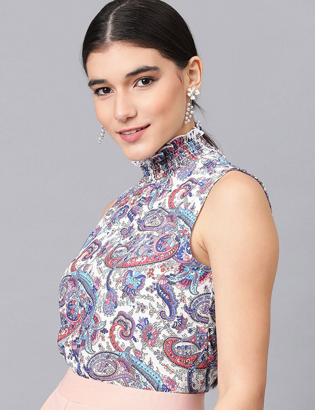 Kotty White Floral Printed High Neck Crepe Top