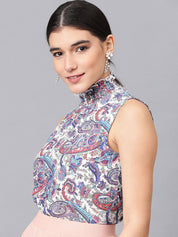 Kotty White Floral Printed High Neck Crepe Top