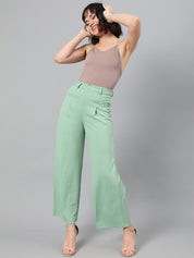 Kotty Women Green Relaxed Straight Leg Fit High-Rise Easy Wash Pleated Parallel Trousers