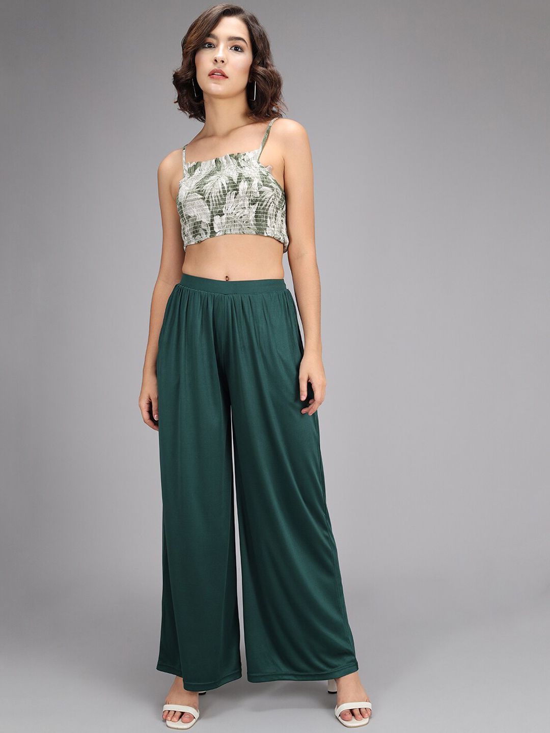 Kotty Women Green Flared High-Rise Pleated Parallel Trousers