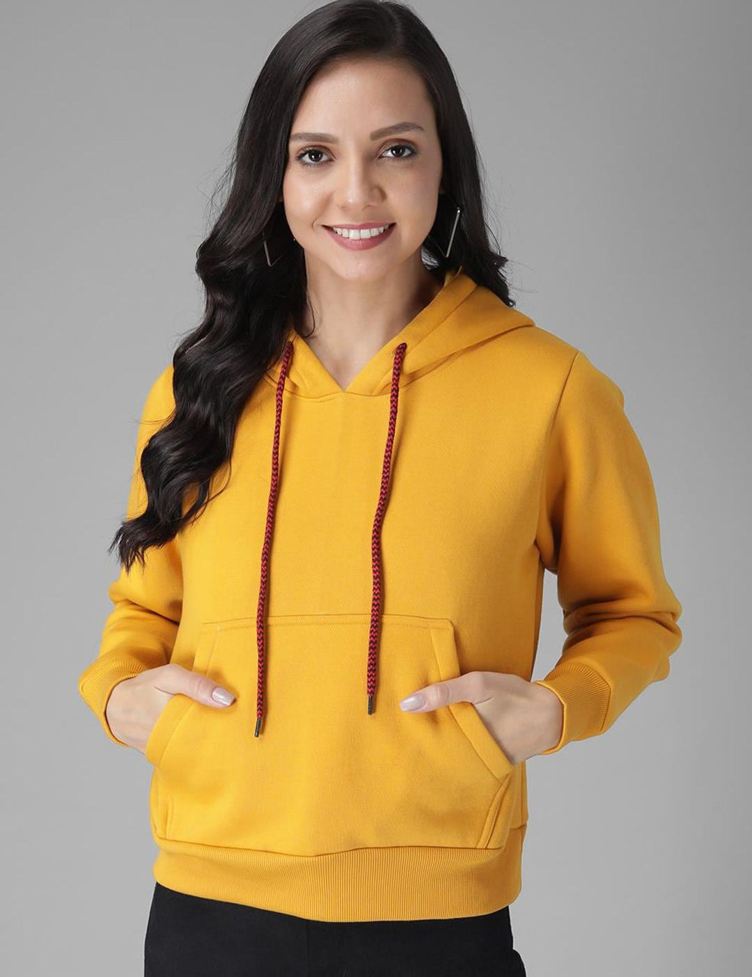 Kotty Women Yellow Solid Hooded Sweatshirt