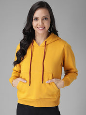 Kotty Women Yellow Solid Hooded Sweatshirt