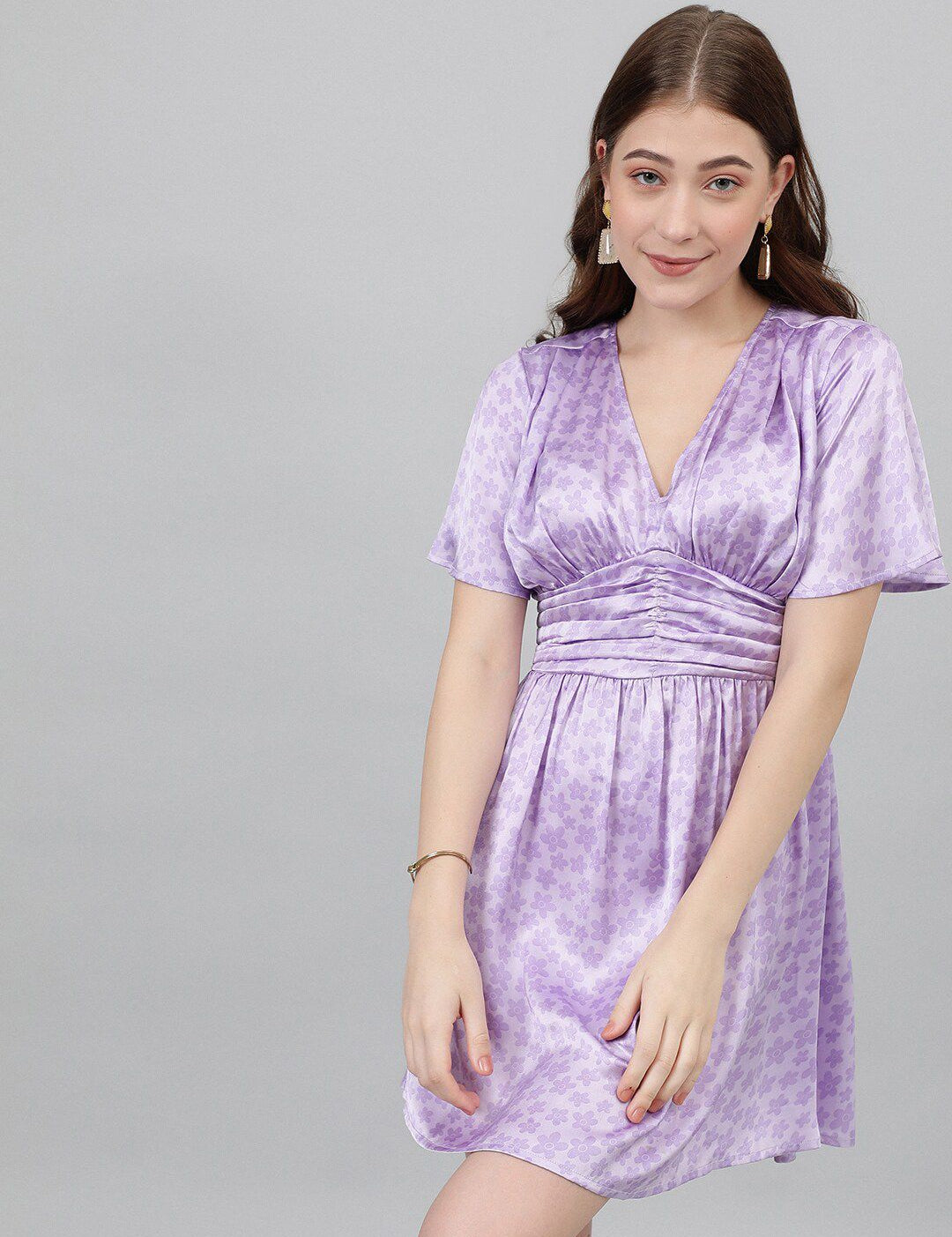 Kotty Lavendor Floral Printed V-Neck Satin Fit & Flare Dress