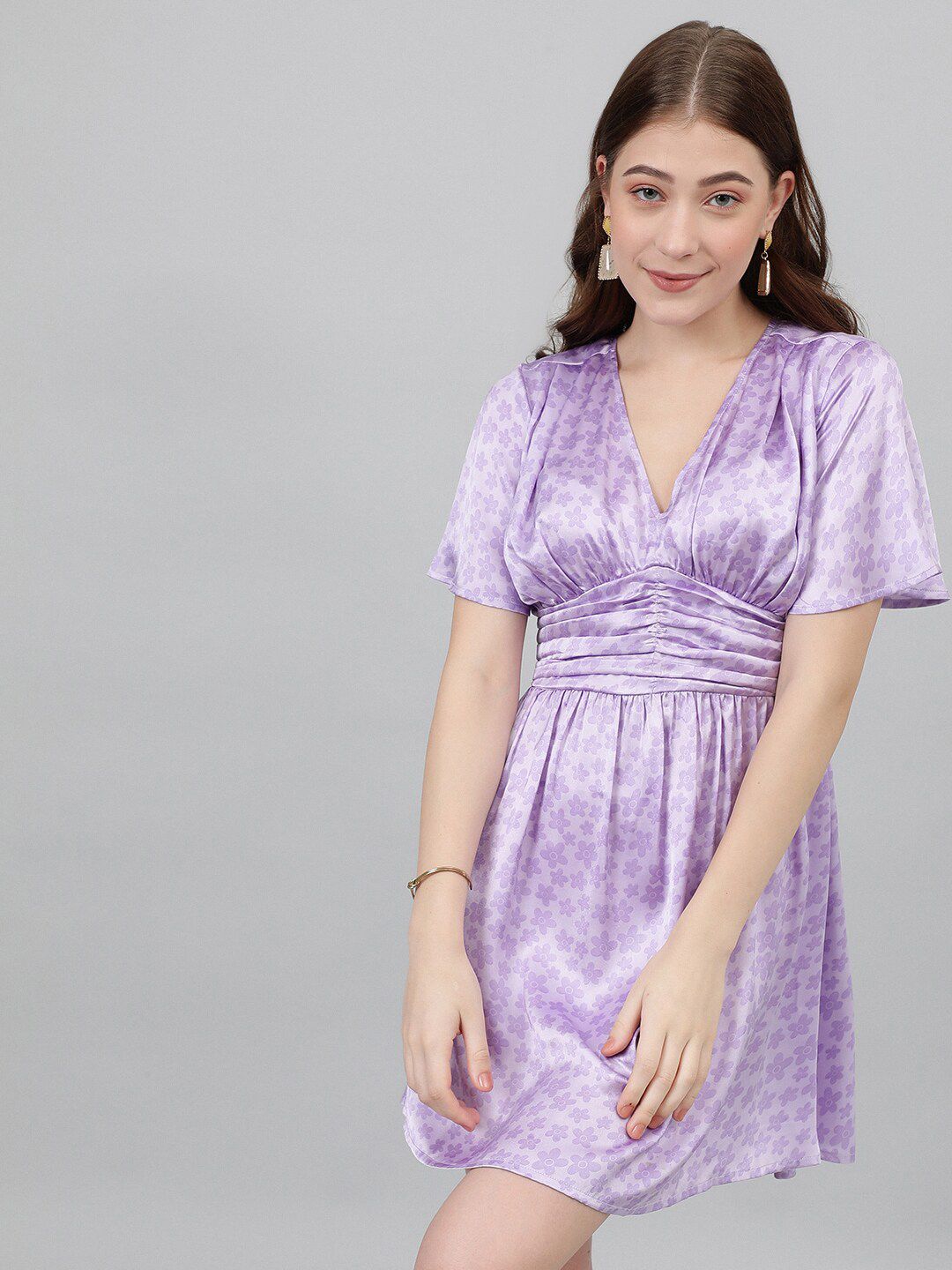 Kotty Lavendor Floral Printed V-Neck Satin Fit & Flare Dress