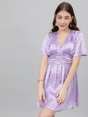 Kotty Lavendor Floral Printed V-Neck Satin Fit & Flare Dress