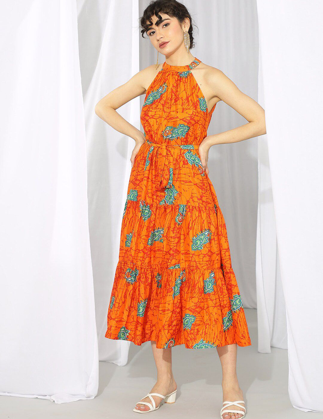 Kotty Orange Ethnic Motif Printed Tiered Fit & Flare Midi Dress