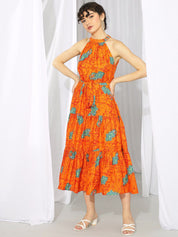 Kotty Orange Ethnic Motif Printed Tiered Fit & Flare Midi Dress