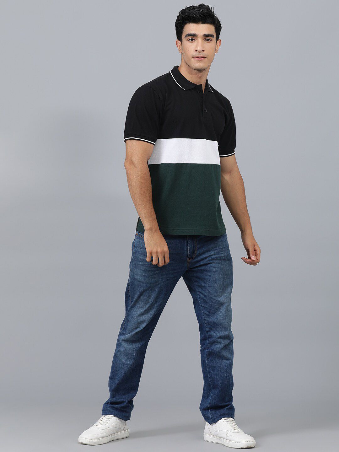 Kotty Colourblocked Polo Collar Regular Fit Cotton T-Shirt