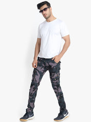 Kotty Men Grey & Blue Regular Fit Printed Cargos
