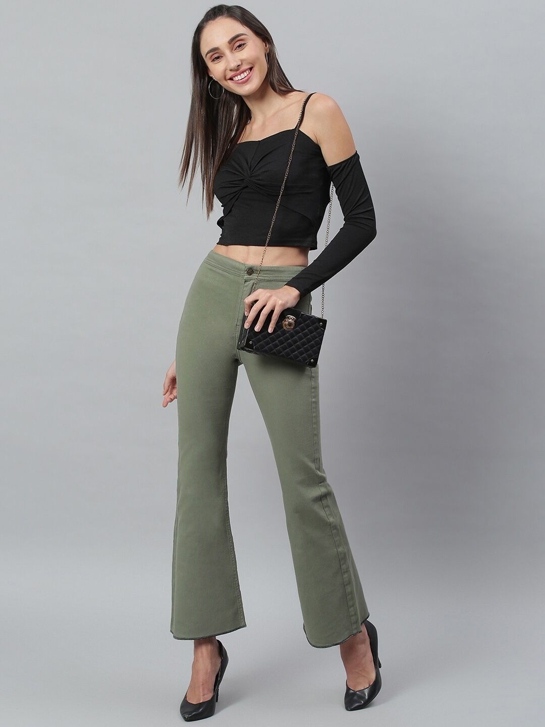 Kotty Women Olive Green Flared High-Rise Stretchable Jeans