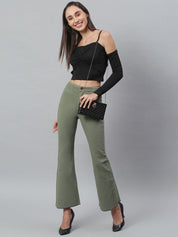 Kotty Women Olive Green Flared High-Rise Stretchable Jeans
