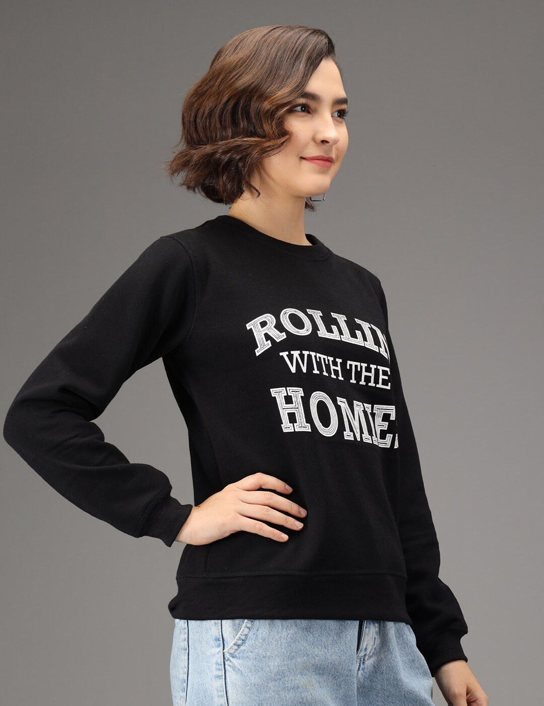 Kotty Women Black Printed Fleece Sweatshirt