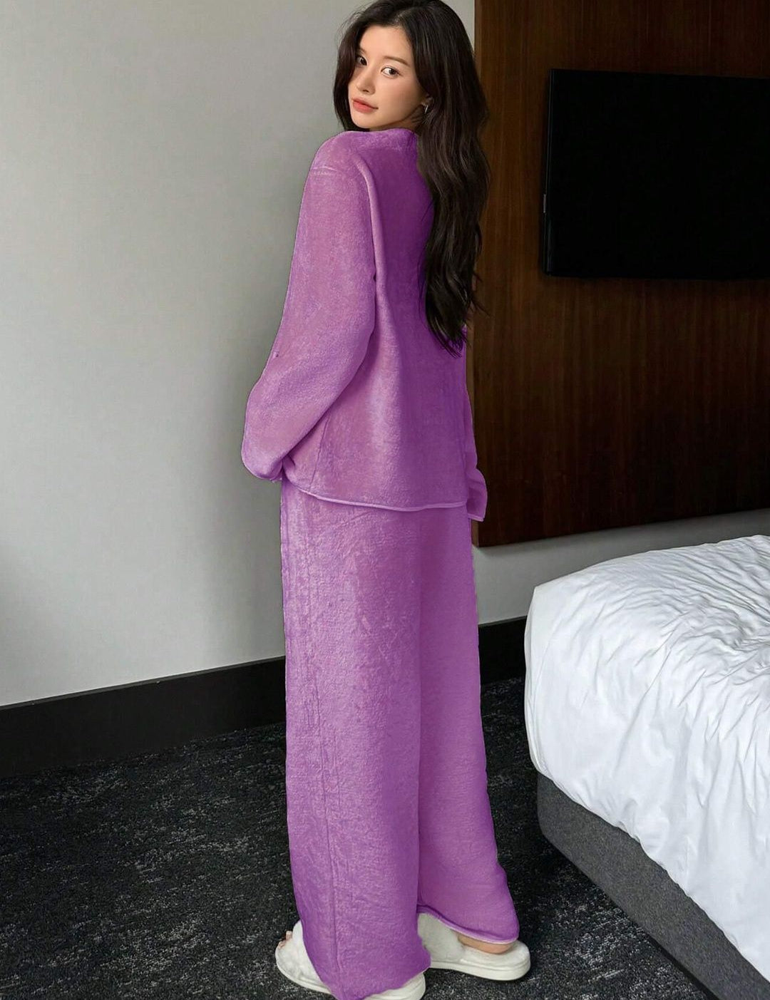 Kotty Women Textured V-Neck Long Sleeves Shirt & Pyjama Night suit