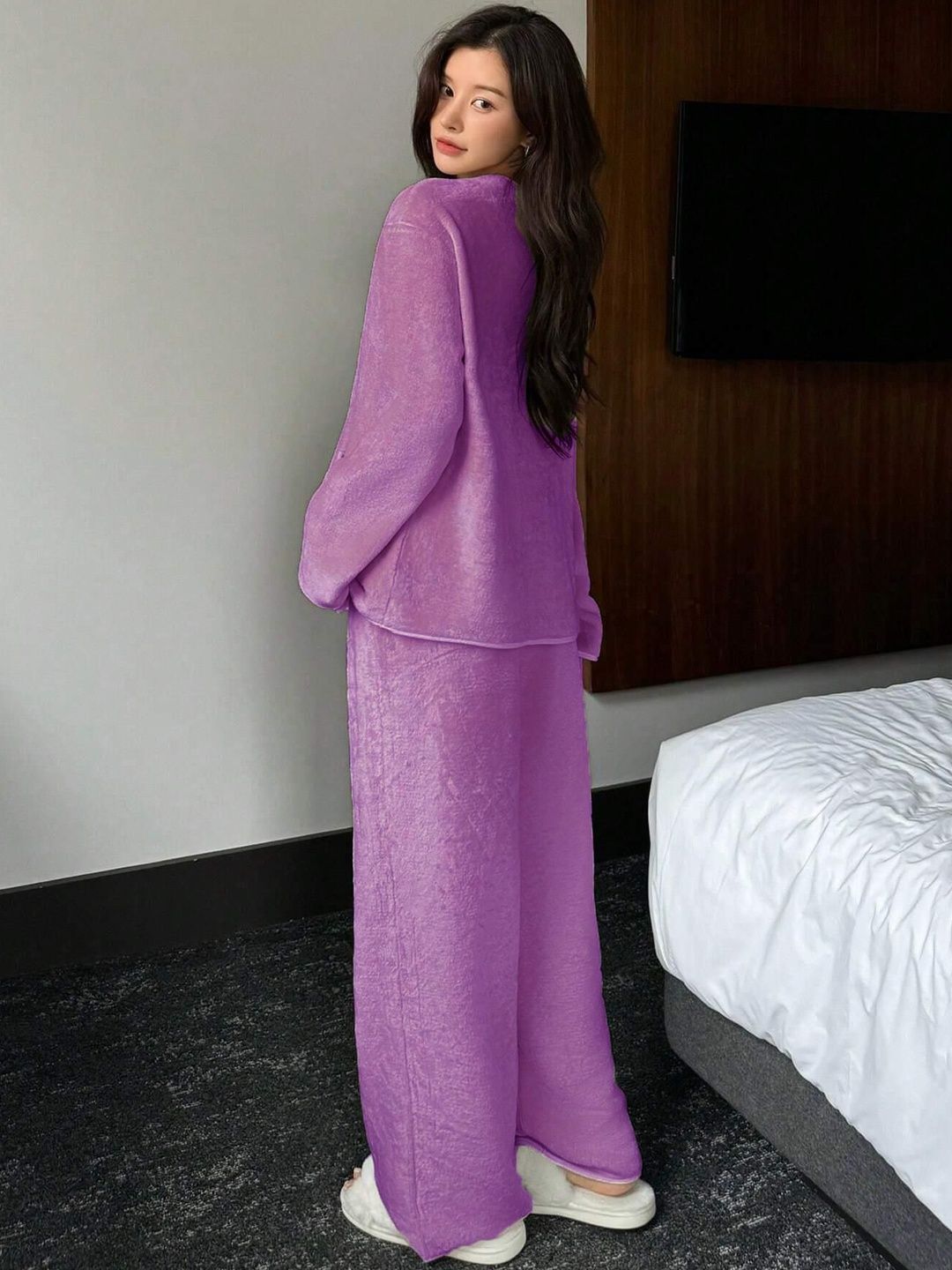 Kotty Women Textured V-Neck Long Sleeves Shirt & Pyjama Night suit