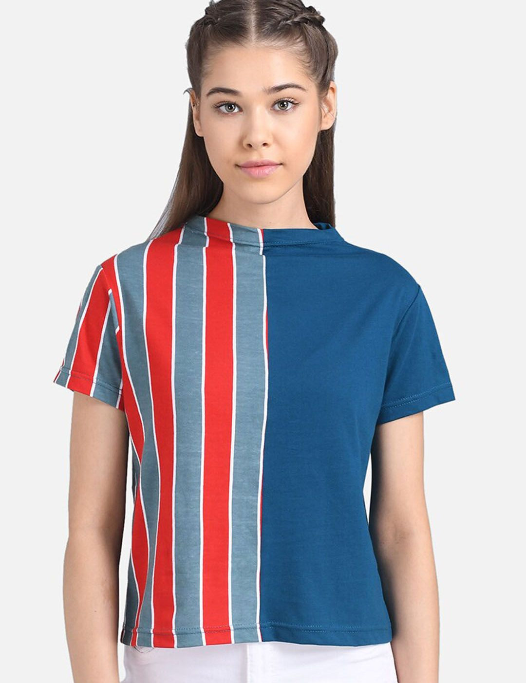 Kotty Women Red & Blue Striped Pure Cotton Top