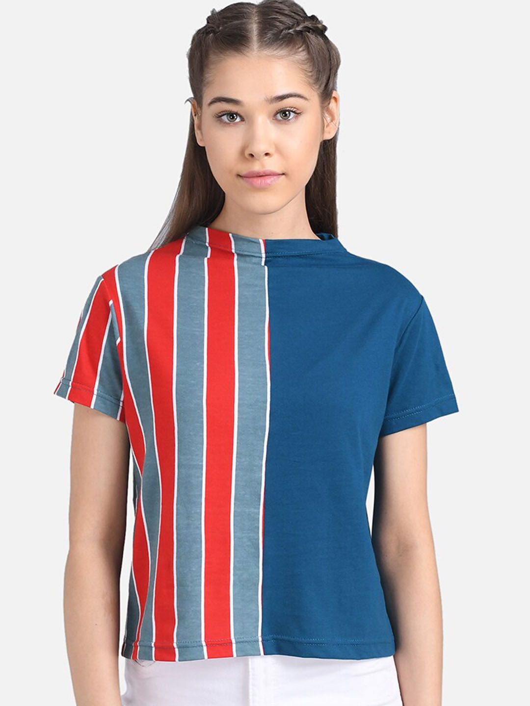 Kotty Women Red & Blue Striped Pure Cotton Top