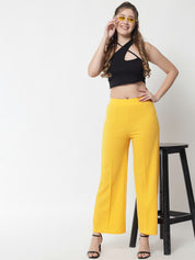 Kotty Women Yellow Solid Relaxed Straight Fit Easy Wash Pleated Trousers