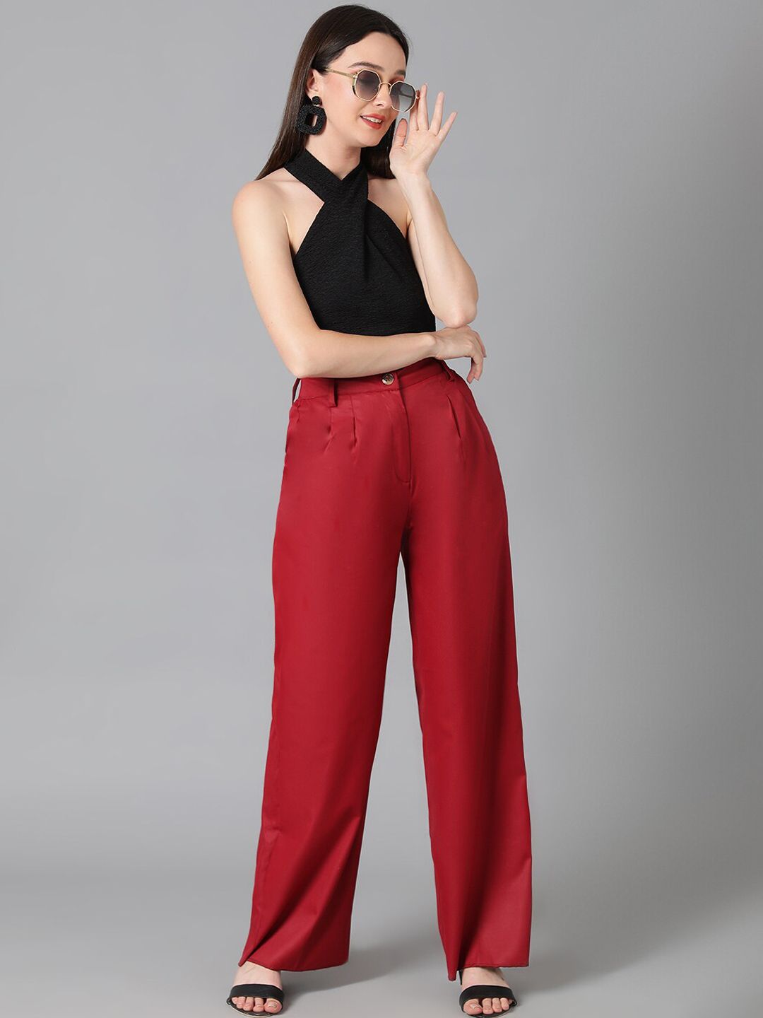 KOTTY BIZwear Women Maroon Relaxed Straight Leg Straight Fit High-Rise Easy Wash Pleated Trousers