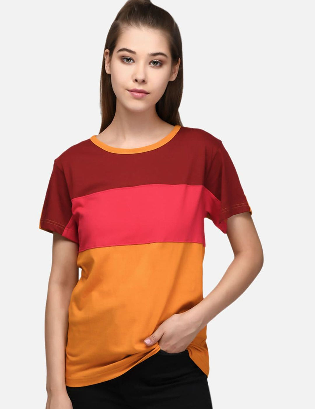 Kotty Women Maroon & Yellow Colourblocked Round Neck T-shirt