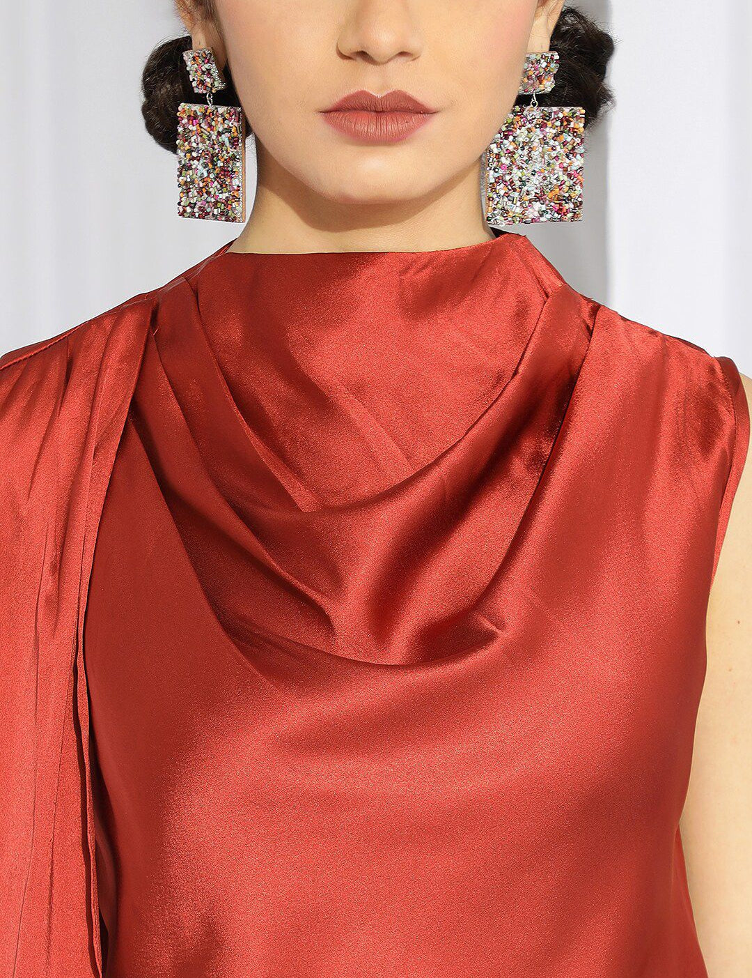 Kotty Red High Neck Sleeveless Pleated Detail Satin Top