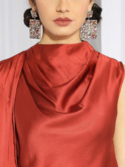 Kotty Red High Neck Sleeveless Pleated Detail Satin Top